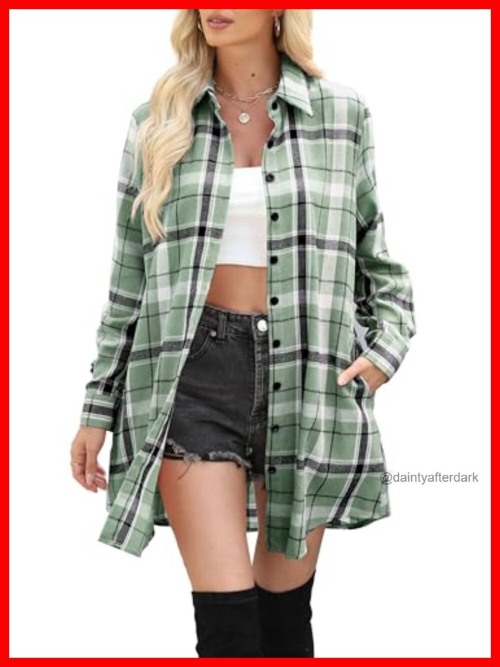 Long Sleeve Plaid Button Down Flannel Shirt Tunic Top